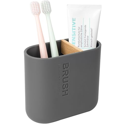 Toothbrush Holders Bamboo Electric Toothbrush Holder Bathroom Storage Organizer Countertop for Toothpaste, Floss, Razor, Grey
