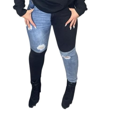 Jeans Pants Trousers Denim Color Blocked Grid Contrast Elastic Slimming High Waisted Jeans Small Leg Pants for Women