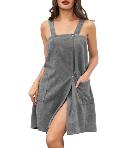 Lovasy Sauna Bademantel Damen Frottee Saunatuch Breite Schultergurte Saunakilt mit Taschen Druckknopf und Gummizug Dunkelgrau XXL-3XL