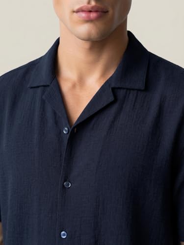 Image of Urbano Fashion Men's Cotton Half Sleeve Relaxed Fit Textured Shirt with Cuban Collar