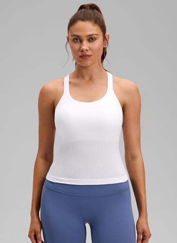 Image of CRZ YOGA Seamless Rib Racerback Tank Tops | Light Support, Built in Bra, Removable Pads, Yoga, Ribbed, High Neck, for Women