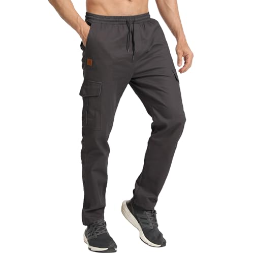 JustSun Cargohose Herren Chino Hosen Herren Cargo Jogginghose Baumwolle Freizeithose Herren Lang Elastische Taille mit Mehrere Taschen Dunkelgrau XL