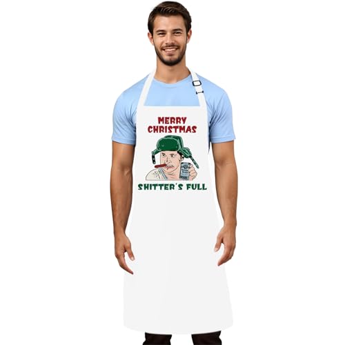 Christmas Vacation Gifts - Merry Shitter's Full Apron, Funny Aprons for Cooking Baking, Griswold Family Cousin Eddie Merchandise, Novelty Xmas Apron for Men Women
