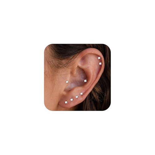 ORAZIO 6 Pairs Tiny 2mm Stainless Steel Stud Earrings For Mens Womens CZ Round Ball Cartilage Earrings Set,Silver Tone