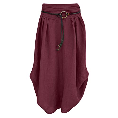 NaRHbrg Women's Cotton Linen Skirts Ladies Fashion Casual Loose Maxi Dress Asymmetrical Hem Sashes Mid-Calf Skirt Wine