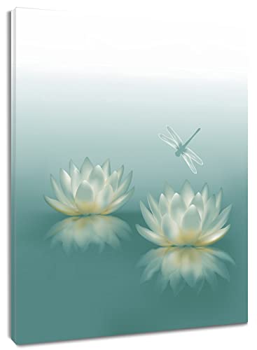 HVEST Dragonfly with Water Lily Flowers Canvas Wall Zen Spa Picture Printed Artwork for Living Room Bedroom Bathroom Wall Decor,Stretched and Framed Ready to Hang,12x16 Inches