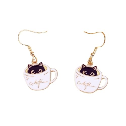 Black Cat Earrings Gold Plated Funny Cute Enamel Coffee Cup Catoon Kitten Animal Pet Lightweight Kawaii Dangle Drop Earrings for Women Animals Lover Holiday Fashion Jewelry Gifts