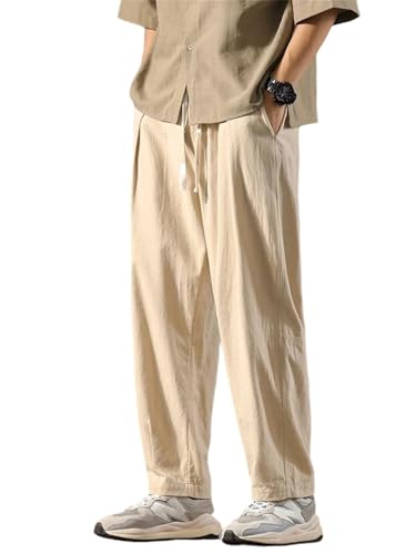 Men Cotton Linen Pants Straight Ice Silk Sweatpants Wide Leg Trousers - Main Image