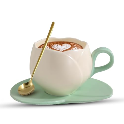 Lista de Tazas con cuchara favoritos de las personas. 45 BOOSEN Taza de Café, 300ml Tazas de Cerámica, Juego Taza Tulipan y Platillo y Cuchara, Navidad, San Valentín, Día la Madre, Regalos Cerámica Para Niñas y Mamás (Beige)
