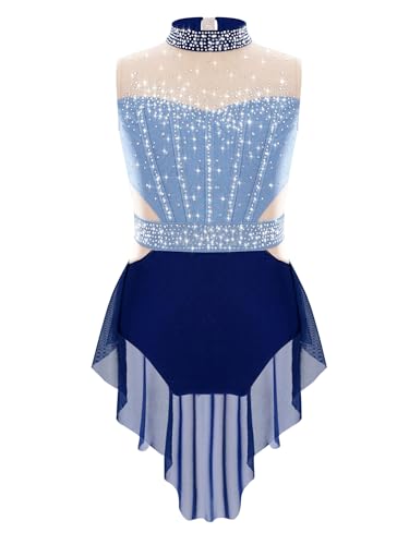 Oyolan Enfant Fille Justaucorps Patinage Artistique Strass Robe Danse Leotard Gymnastique Body de Gym Tenue Bleu&Bleu Marine 7-8 ans