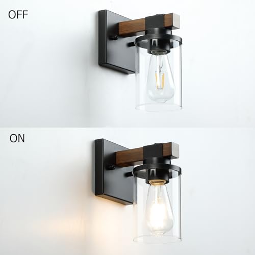 Image of Wonlity-Bathroom Vanity Light Fixtures Over Mirror, 1-Light Black and Wood Grain Color Bathroom Lights, Wall Sconces with Clear Glass Shade for Hallway Farmhouse Bedroom Living Room Staircase Kitchen