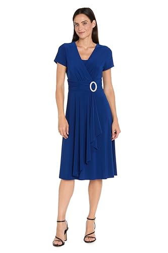 Image of R&M Richards Women's Cascade Wrap Dress with V-Neck & O-Ring Rhinestone Buckle, Work to Weekend Short Sleeve Flowy Silhouette