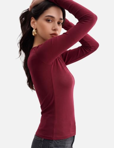 Image of Women's Merino Wool Blend Shirts Long Sleeve Tops Crew Neck Fitted Basic Tee Cozy Embrace Collection