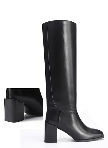 Women's Knee High Boots Chunky Heel Square Toe Side Zipper Tubular Leg Soft Lichee PU Leather Classic Fashion Dress Long Boots2