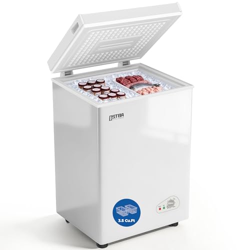 OSTBA 3.5 Cu.Ft Chest Freezer, Compact Deep Freezer with 2 Removable Baskets, Bottom Wheels, 6-Level Temperature Control with Fast Freeze Mode, Energy Saving Quiet Freezer, White