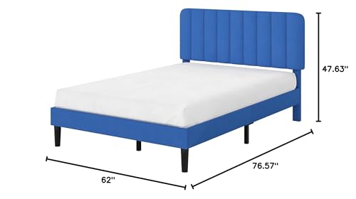 Image of VECELO Queen Size Bed Frame with Upholstered Headboard, Velvet Platform Bedframe Mattress Foundation, Strong Wood Slat Support, No Box Spring Needed,Blue
