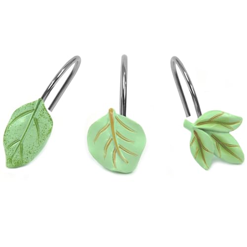 OBERITOL 12PCS Leaves Shower Curtain Hooks, Decorative Shower Curtain Hooks, Green Plant Leaf Shower Hooks Rust Proof Stainless Steel, BathroomDecor (Light Green)