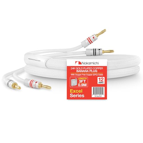 Nakamichi Excel Series 24k Gold Plated Banana Plugs With Speaker Cable Wire 99.9% Oxygen-Free Copper (OFC) Heavy Duty Braided for Amplifier Hi-Fi Home Theatre
