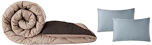 Image of Amazon Brand - Solimo Microfibre Reversible Comforter, Double (Subtle Beige & Walnut Brown, 200 GSM) Microfiber Bed Pillow Set (Grey, 43 x 69 cm) 2-Piece