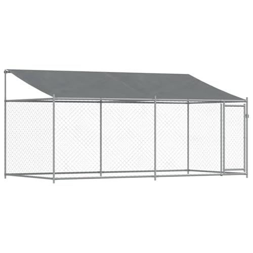 Gecheer Hundezwinger mit Dach und Tür Grau 4x2x2 m Verzinkter Stahl, Hundezwinger Outdoor-Hundekäfig Sicherer Hundeauslauf für Garten Terrasse Draußen