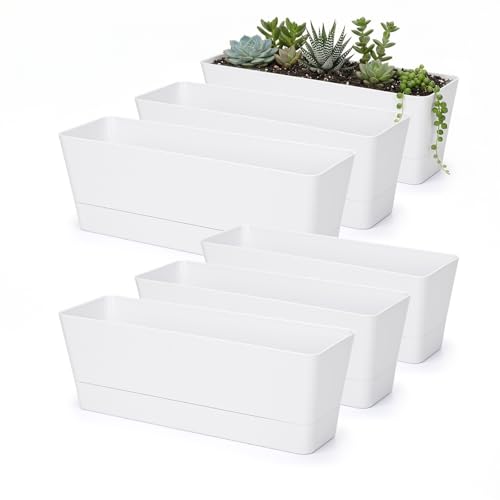 Image of GREANER 12x3.8 Inch Herb Planters, 6 Pack White Rectangle Window Boxes with Tray, Indoor Succulent Cactus Mint Plastic Pot with Saucer for Windowsill, Balcony, Office, Outdoor Garden