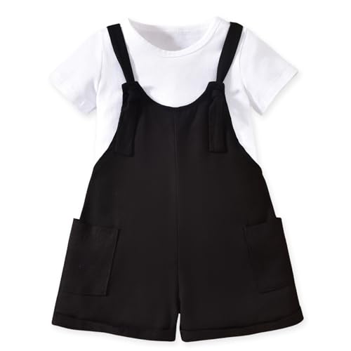 Image of HINTINA Toddler Girl Overall Shorts Set Adjustable Loose Jumpsuit Short Sleeve T-shirt Vacation Summer Outfits with Pockets