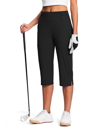 ISEE Pantaloni capri da golf da 45,7 cm, a vita alta, elasticizzati, da donna, con tasche, estivi, da lavoro, casual, Nero , L