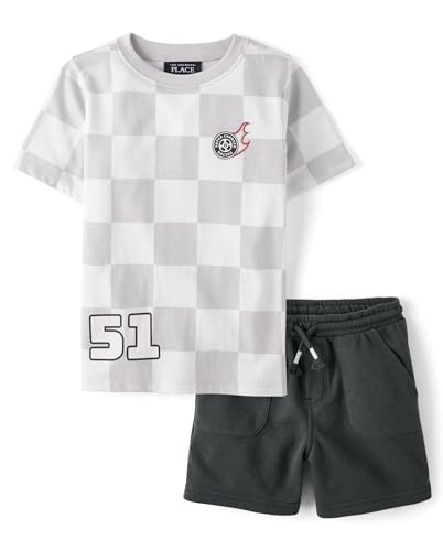 The Childrens Place Baby Boys and Toddler Boys Short Sleeve Top and Shorts 2 Pc Set Race Car Gray 4T