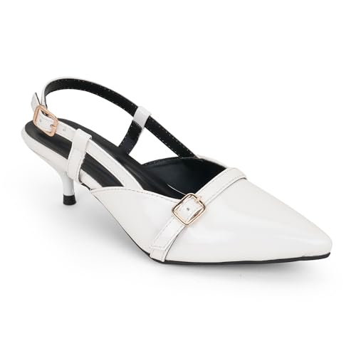 Image of Women's Pointed Toe Kitten Heels, Elegant Glossy Patent Leather Slingback Pumps with Adjustable Buckle Strap, 2-Inch Pencil Heel Sandals