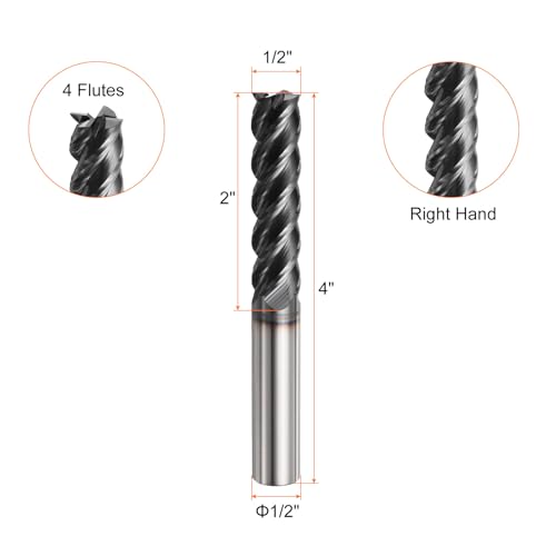 Image of HARFINGTON Carbide Square Nose End Mill Bit 1 /2 inch Cut Dia 4 Flutes TiAlN Coated Milling Cutter for Hardened Steel Metal (1 /2 inch Shank 2 inch Cut Length 4 inch Long 45 Degree HRC49-51)