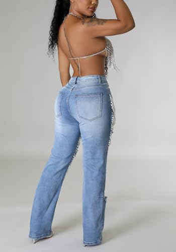 DINGANG Women's Cut Out Straight Leg Ripped Jeans with Rhinestones Pearl Bling Distressed Stretchy Denim Pants4