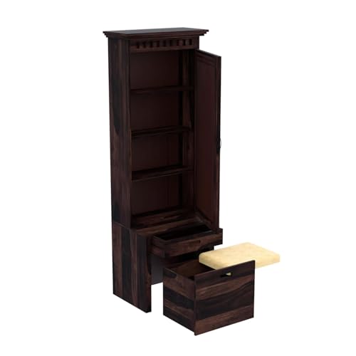 Image of Sheesham Solid Wood Wooden Dressing Table for Bedroom with 1 Drawer and 1Cushioned Stool Mirror and Huge Storage Space | Long Dresser Table (Walnut Finish)