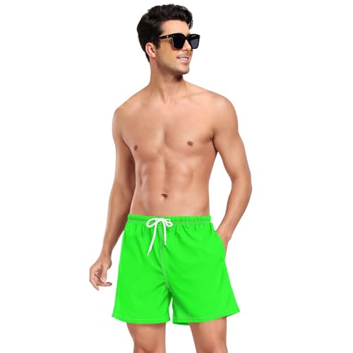 ATTX Neon Green Solid Color Mens Swim Trunks with Compression Liner 4.7" Inseam Quick Dry Lightweight Beach Pants #3133