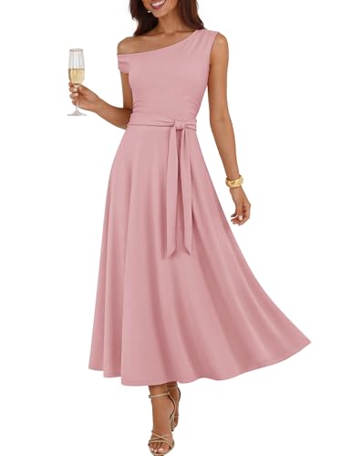 ZESICA Womens Summer Casual One Shoulder Maxi Dress 2026 Sleeveless Wedding Guest Flowy Vacation Dresses with Pockets,Pink,Small