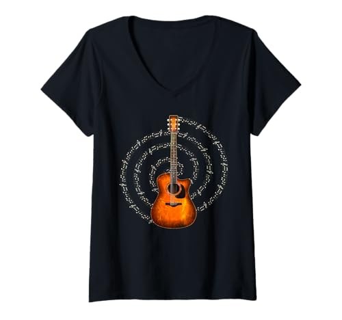 Mujer Guitarra Acústica Con Notas Musicales En Espiral Camiseta Cuello V
