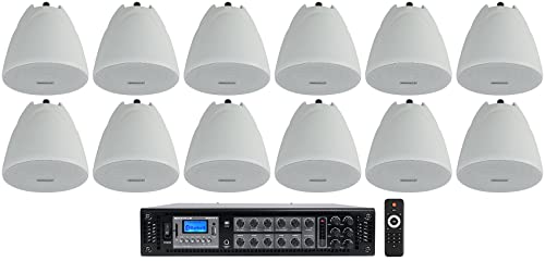 Image of Rockville RCS350-6 350 Watt 6 Zone 70v Commercial/Restaurant Amplifier/Bluetooth Bundle with (12) PEN-40T White 4" 70V Hanging Pendant Speaker