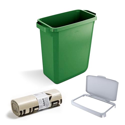 DURABIN - Cubo de basura rectangular verde de 60 litros y tapa gris con bisagras y 25 bolsas ecológicas de plástico reciclado de 110 L con asas de fácil transporte para recogida de basura en oficinas