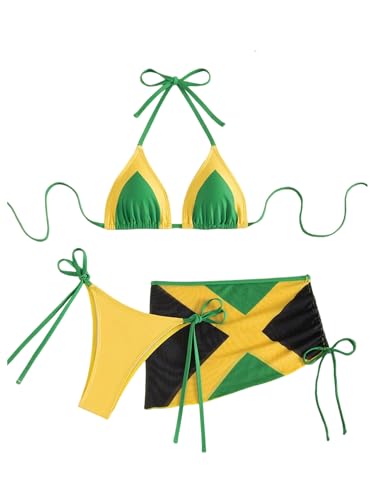 Bikini 3 pièces jaune imprimé drapeau dos nu et sa jupe fluide en taille XL