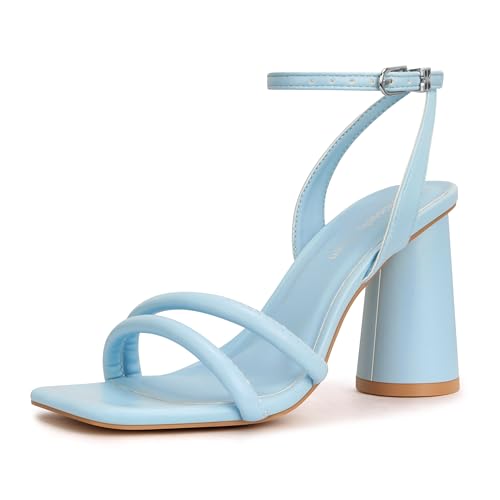 Viciously Vixen Women's Block High Heels Square Toe Heeled Sandals Ankle Strap Shoes, Light Blue, 8