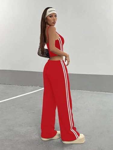 Image of THIRD QUADRANT Women's Wide Leg Track Pants for Women | Black with White Side Stripes | Drawstring Waist (in, Alpha, L)