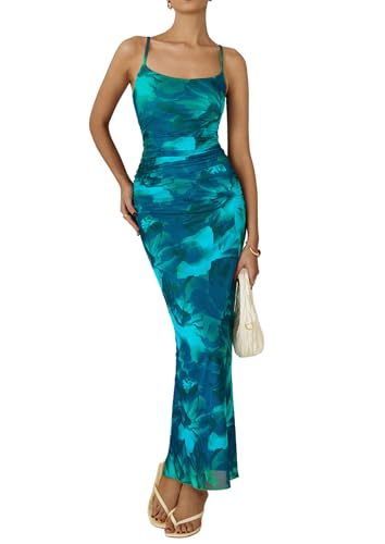 PRETTYGARDEN Summer Wedding Guest Dresses for Women 2025 Spaghetti Strap Mesh Bodycon Beach Floral Maxi Long Dresses