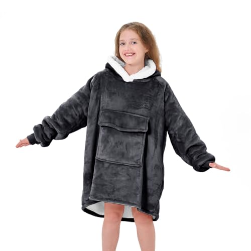 XYNHML Oversized Blanket Hoodie for Kids Flannel Sherpa wearable sweatshirt blanket Snuggies Warm Plush Hooded Blanket Deep Grey with Huge Pocket and Elastic Sleeve