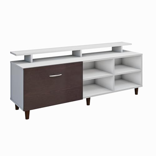 Image of VIKI Modern TV Unit for Living Room | Engineered Wood TV Cabinet with 1 Drawer Storage, 2 Open Shelves & Extension, Entertainment Unit, 140W x 48H x 40D cm | DIY | 1 Year Warranty (White & Wenge)