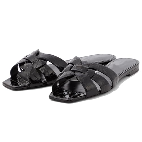 Image of THESHY Women's Flat Sandals Square Toe Patent Leather Comfortable Slip on Slippers Casual Summer Dressy Beach Slide Sandals for Women
