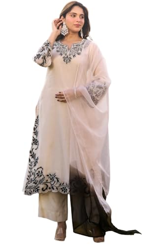 Image of GoSriKi Kurta Sets for Women Viscose Embroidered | Kurti Set for Woman | Straight Kurta Palazzo Dupatta Set | 3 Piece Set Women | Round Neck V-Slit Full Sleeve Stylish Ethnic Outfit Clothing