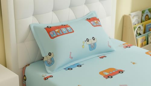 Image of Filymore Kids Single Bed Sheet Set - Cartoon Bus Theme, 240 TC Soft Microfiber, Includes 1 Pillow Cover, Single Bed Bedspread (90x60 in), Sky Blue and Red Colour