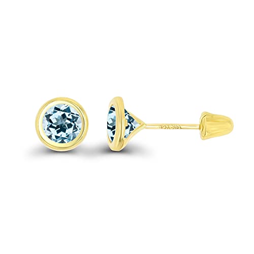 Solid 14K Yellow Gold 5Mm Round Natural Sky Blue Topaz December Birthstone Bezel Screw Back Stud Earrings #TOP19