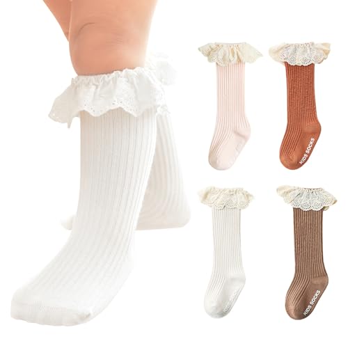 HOUSEYUAN Toddler Frilly Baby Girls Knee High Socks 2T-3T White Vintage Newborn Thigh Lace Ruffle Long Socks Infant Tights Stockings 4 Pairs 2-4T