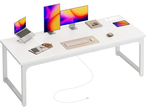 Image of Huuger 63 x 24 inch Desk with Power Outlets & USB-C, Deeper & Thicker Desktop, Robust Metal Tubes, Computer Desk, Heavy Duty Office Desk, Work Gaming Desk, for Home Office, White