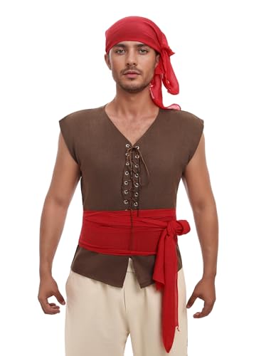 Odizli Piratenkostüm Herren Mittelalter Kleidung Wikinger Renaissance Viktorianische Weste Kopftuch Gürtel Pirat Accessoires Jack Sparrow Kostüm Halloween Karneval Cosplay Faschingskostüme Braun 3XL